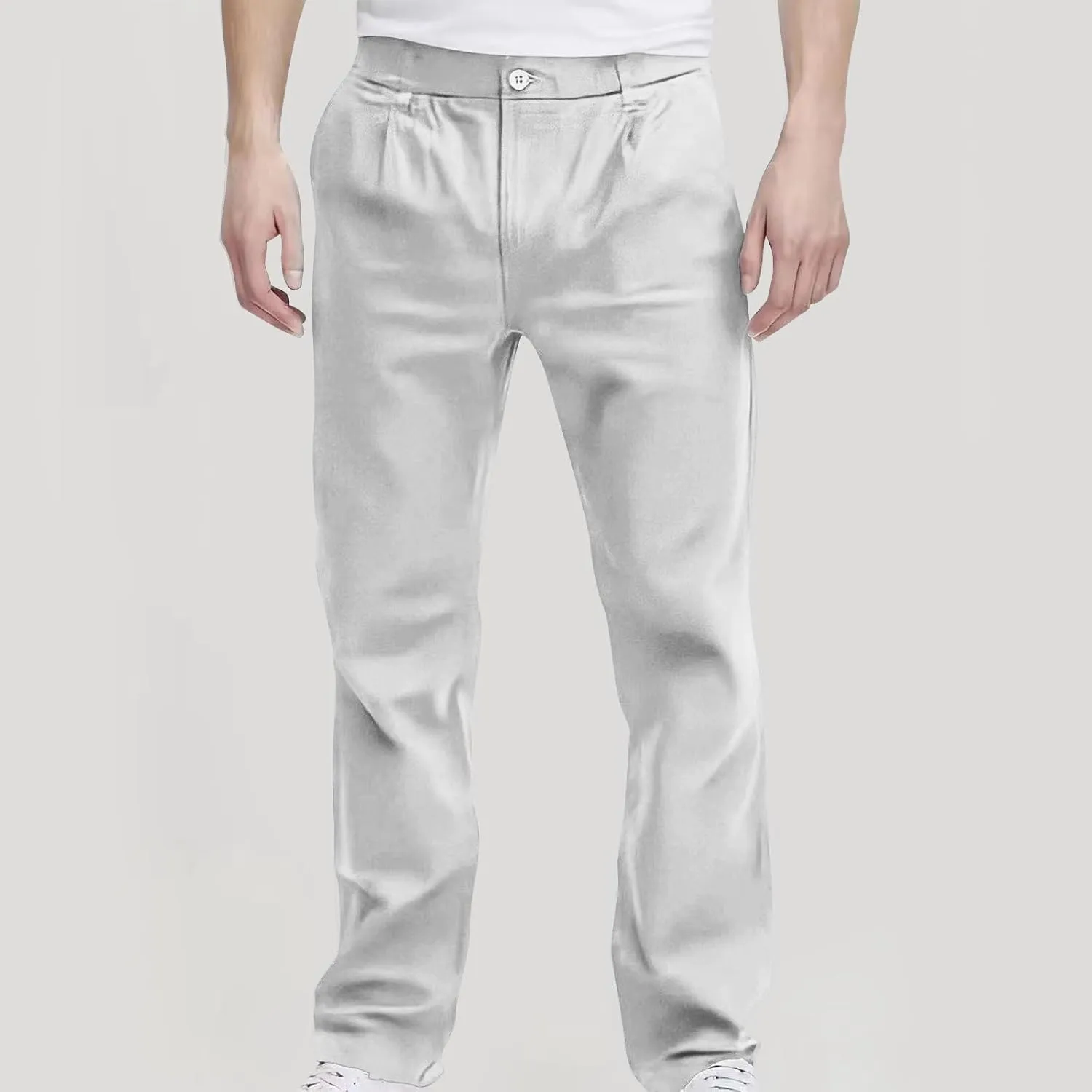 Pants for Men Casual Lightweight Relaxed Fit Chino Pant with Pocket Button Elastic Waistband Baggy Business Trousers