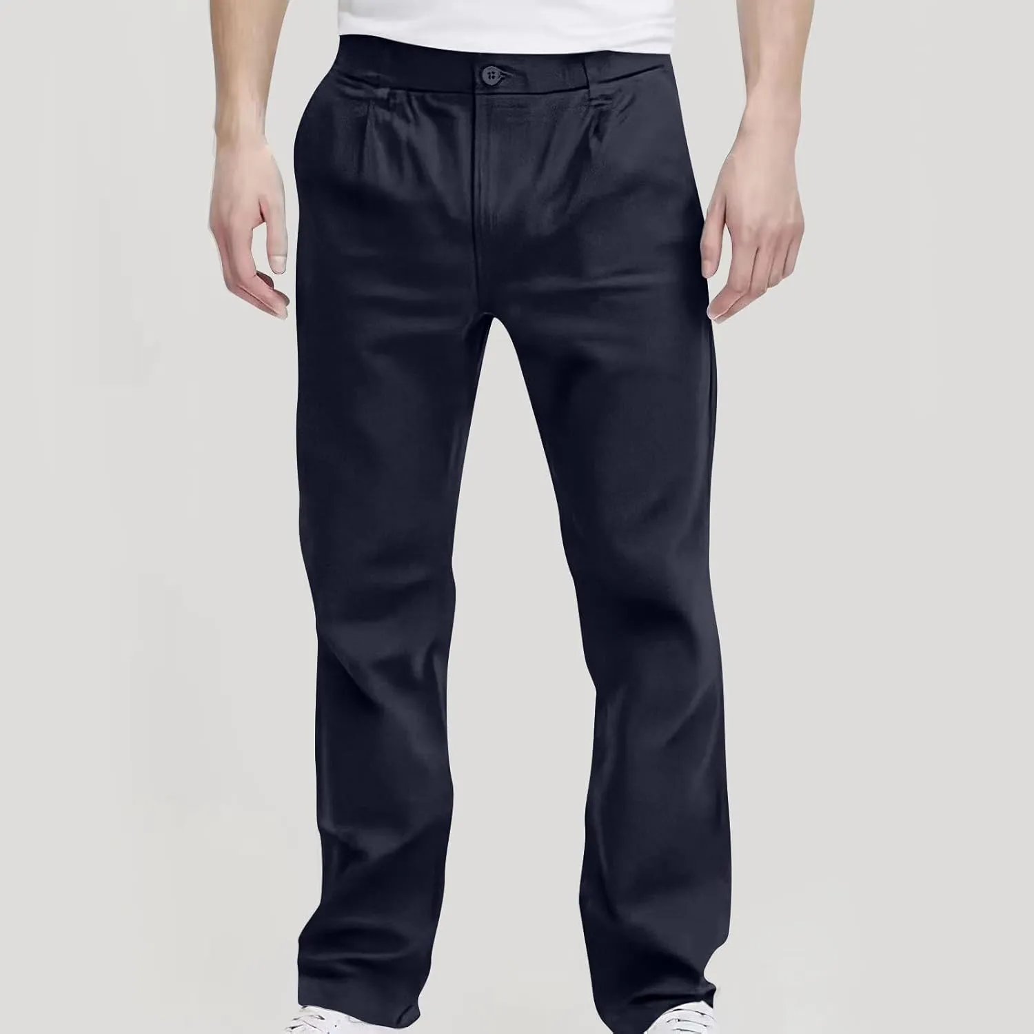 Pants for Men Casual Lightweight Relaxed Fit Chino Pant with Pocket Button Elastic Waistband Baggy Business Trousers