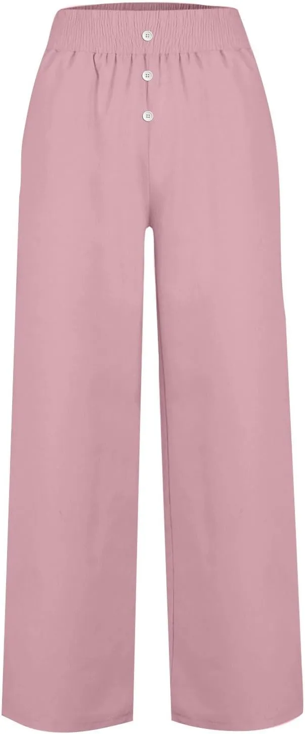 Pants for Women Summer Flowy Solid Color Elastic Waist Trousers with Pockets Button Wide Leg High Waist Casual Pant