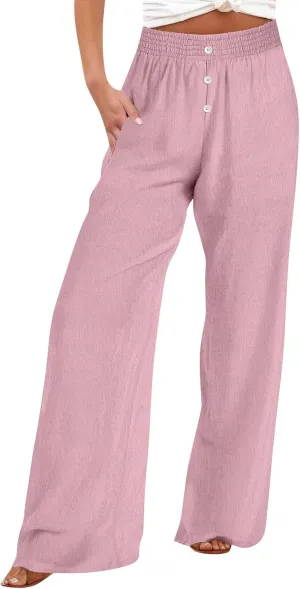 Pants for Women Summer Flowy Solid Color Elastic Waist Trousers with Pockets Button Wide Leg High Waist Casual Pant