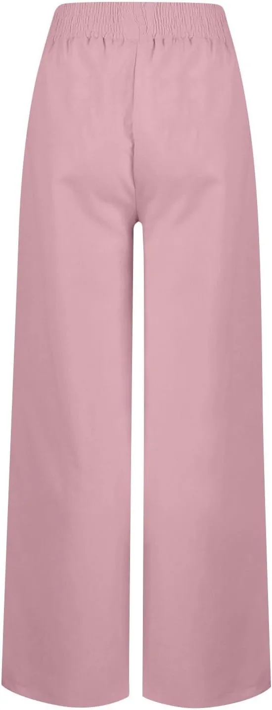 Pants for Women Summer Flowy Solid Color Elastic Waist Trousers with Pockets Button Wide Leg High Waist Casual Pant
