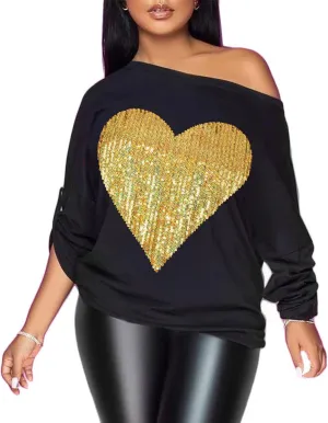 PESION Womens Off The Shoulder Tops Sexy Shiny Metallic Shirts Long Sleeves Fashion Graphic T-shirts Blouses