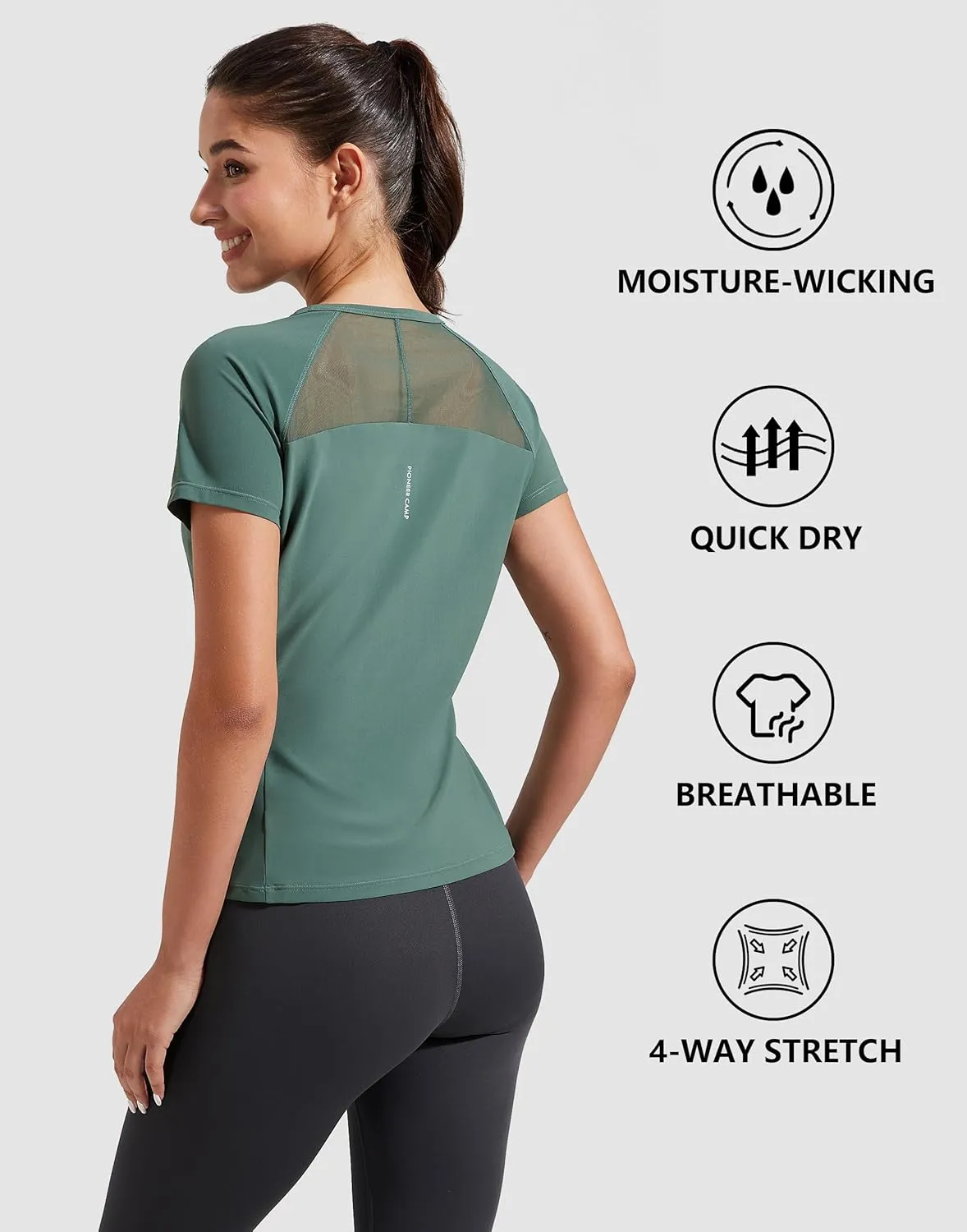 Pioneer Camp Women's Workout Tops Short Sleeve Athletic Shirts Moisture Wicking Quick Dry Mesh Back Yoga Tees for Running Gym