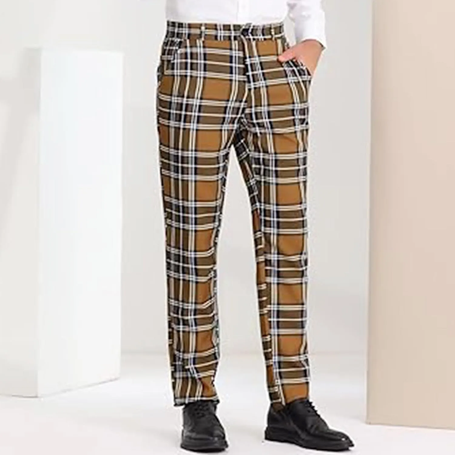 Plaid Pants for Men Straight Leg Checked Pattern Business Golf Chinos Pants Trousers Slim Fit Pants Expandable Waist