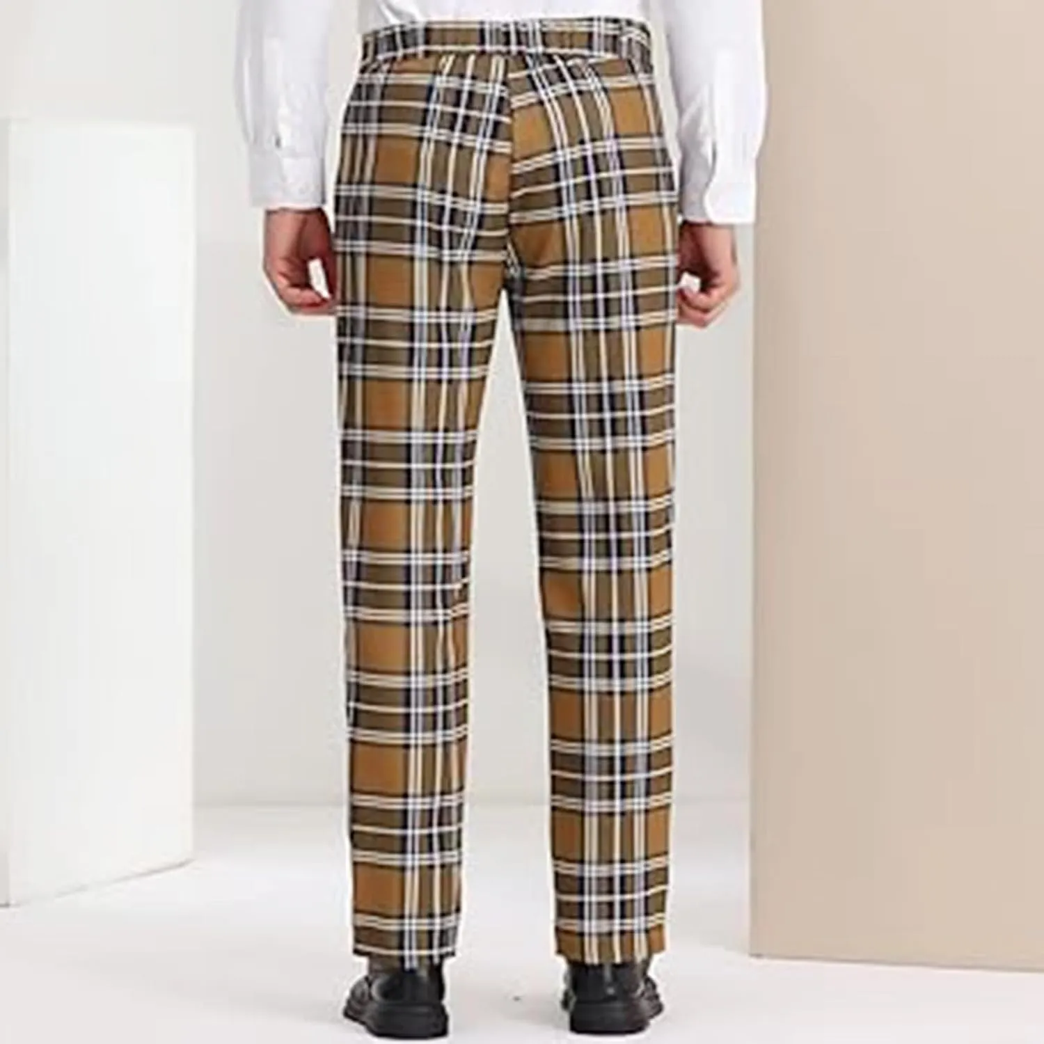 Plaid Pants for Men Straight Leg Checked Pattern Business Golf Chinos Pants Trousers Slim Fit Pants Expandable Waist