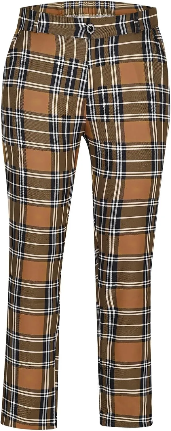 Plaid Pants for Men Straight Leg Checked Pattern Business Golf Chinos Pants Trousers Slim Fit Pants Expandable Waist
