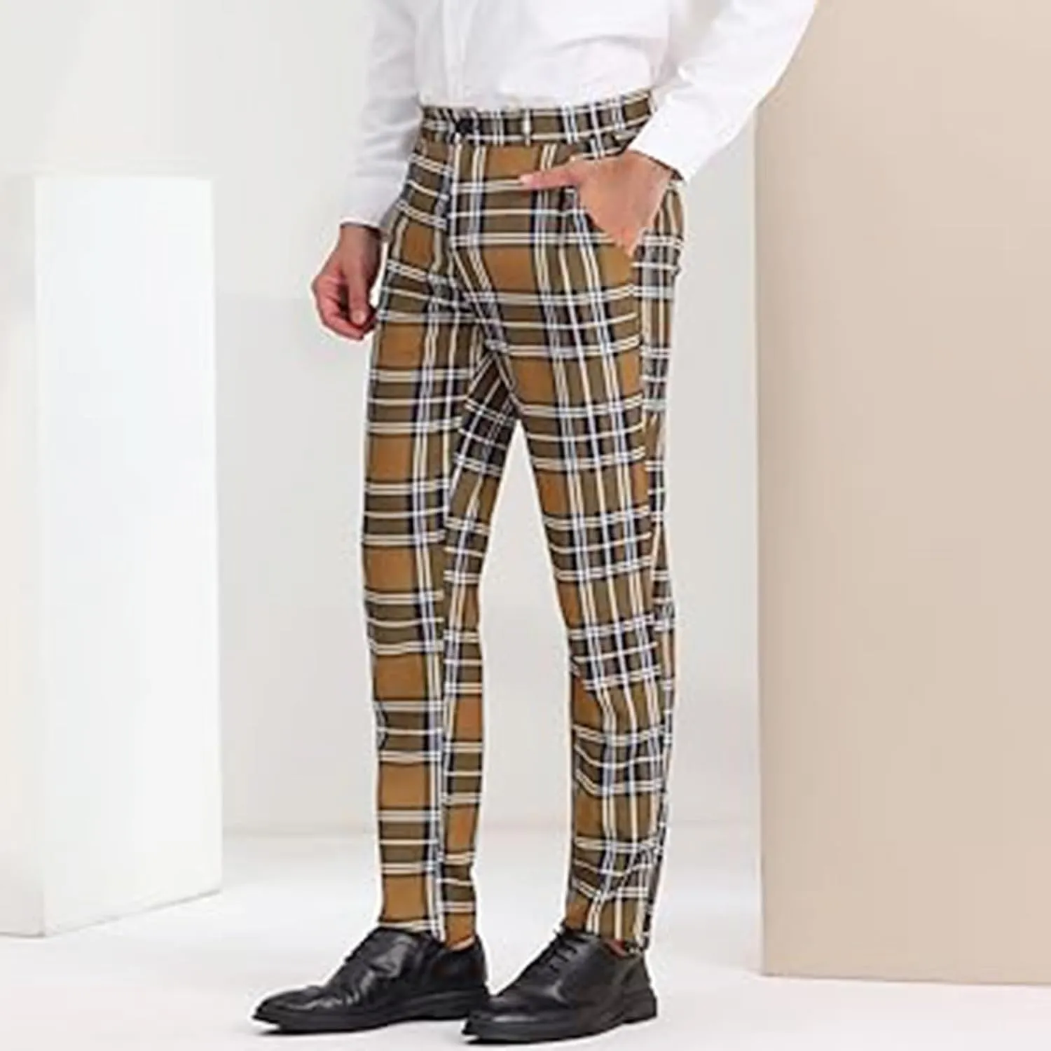Plaid Pants for Men Straight Leg Checked Pattern Business Golf Chinos Pants Trousers Slim Fit Pants Expandable Waist