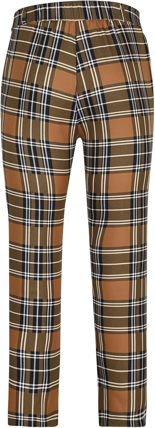 Plaid Pants for Men Straight Leg Checked Pattern Business Golf Chinos Pants Trousers Slim Fit Pants Expandable Waist