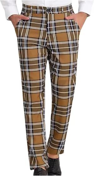 Plaid Pants for Men Straight Leg Checked Pattern Business Golf Chinos Pants Trousers Slim Fit Pants Expandable Waist