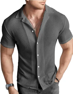 PLEPAN Men's Knit Polo Shirts Button Down Short Sleeve Casual Summer Beach Vintage Waffle Shirts for Men