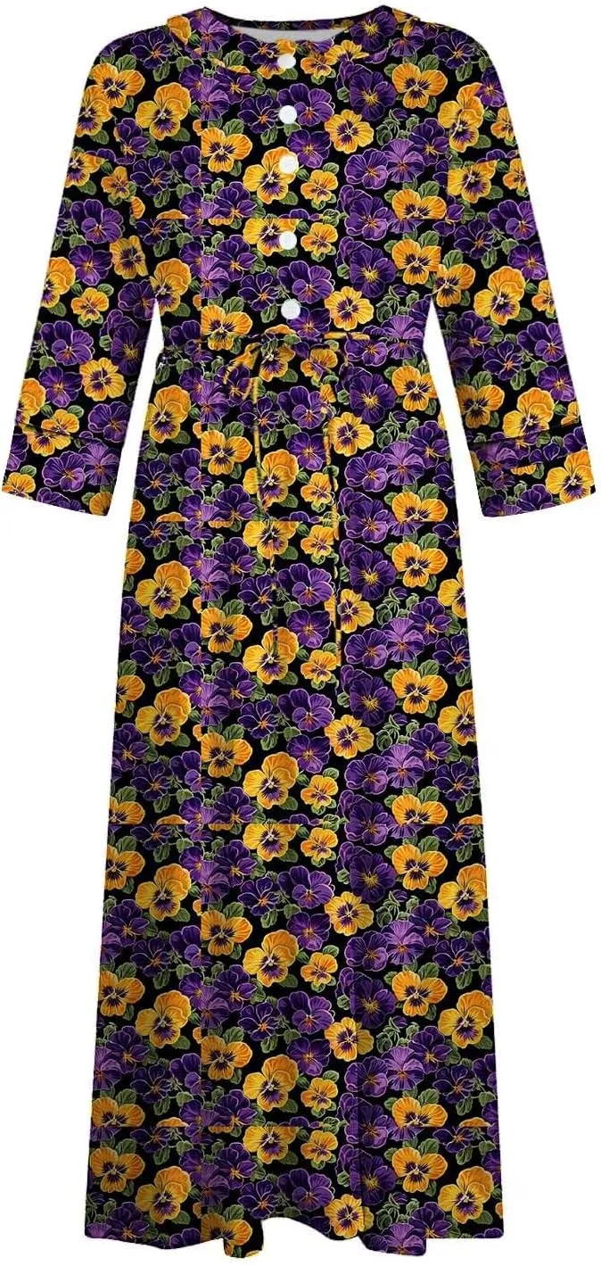 Plus Size 3/4 Sleeve Dress for Women Floral Print Dress Lapel Neck Elegant Midi Dress Trendy Casual Flowy Dress