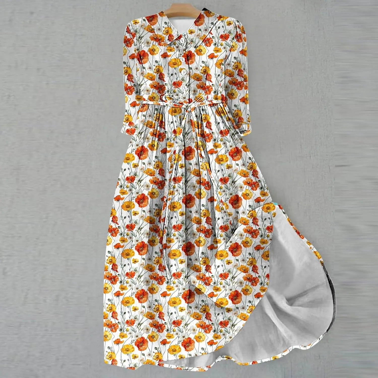 Plus Size 3/4 Sleeve Dress for Women Floral Print Dress Lapel Neck Elegant Midi Dress Trendy Casual Flowy Dress