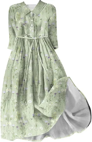 Plus Size 3/4 Sleeve Dress for Women Floral Print Dress Lapel Neck Elegant Midi Dress Trendy Casual Flowy Dress