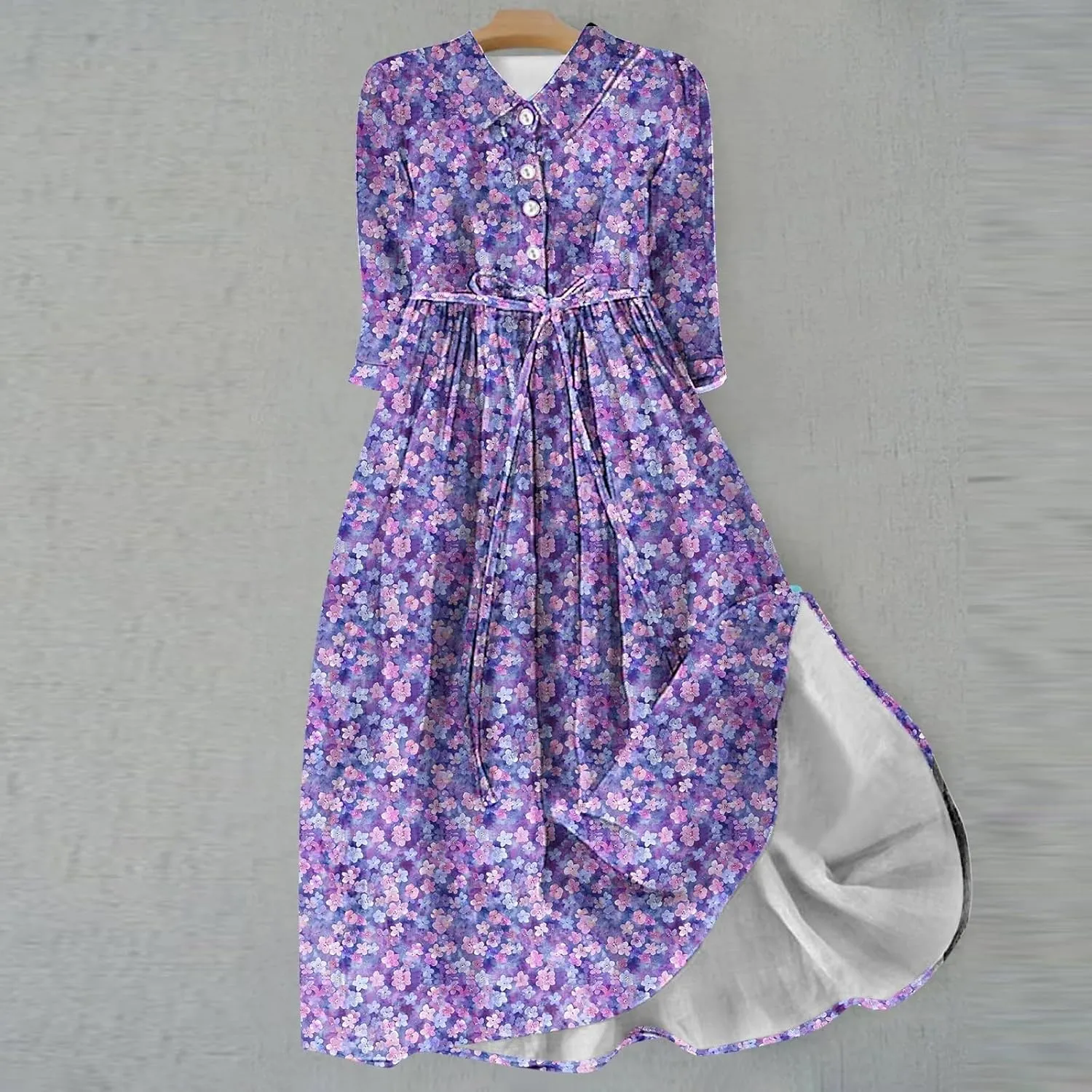 Plus Size 3/4 Sleeve Dress for Women Floral Print Dress Lapel Neck Elegant Midi Dress Trendy Casual Flowy Dress