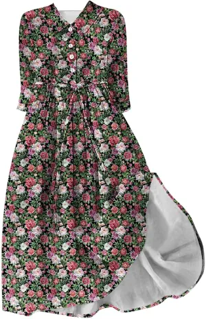 Plus Size 3/4 Sleeve Dress for Women Floral Print Dress Lapel Neck Elegant Midi Dress Trendy Casual Flowy Dress
