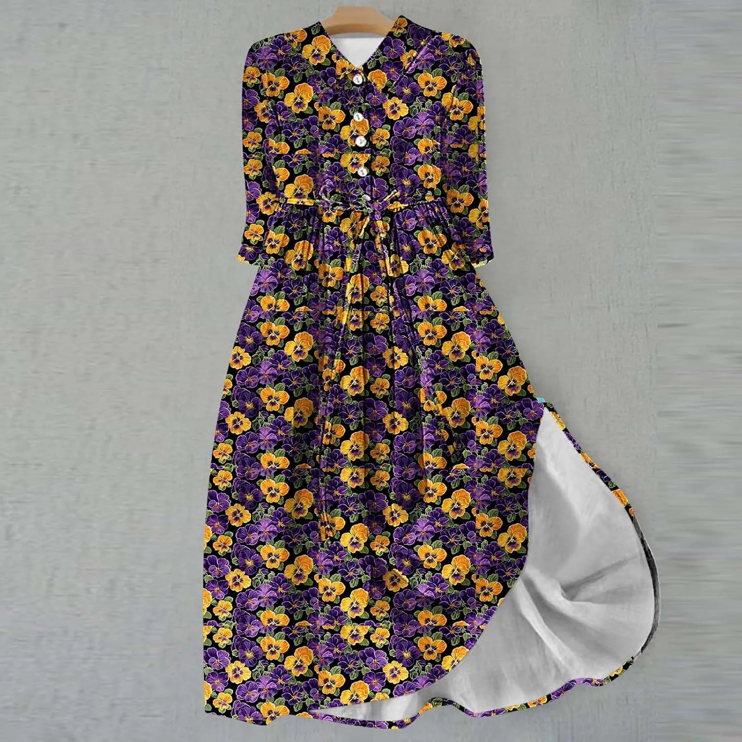 Plus Size 3/4 Sleeve Dress for Women Floral Print Dress Lapel Neck Elegant Midi Dress Trendy Casual Flowy Dress