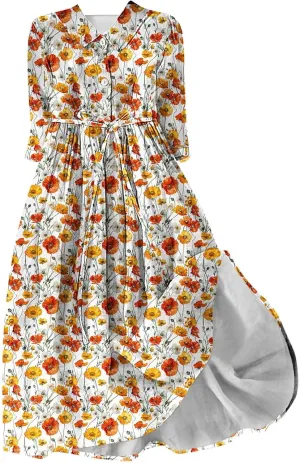 Plus Size 3/4 Sleeve Dress for Women Floral Print Dress Lapel Neck Elegant Midi Dress Trendy Casual Flowy Dress
