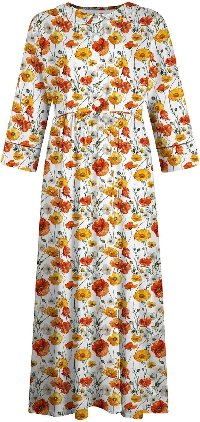 Plus Size 3/4 Sleeve Dress for Women Floral Print Dress Lapel Neck Elegant Midi Dress Trendy Casual Flowy Dress