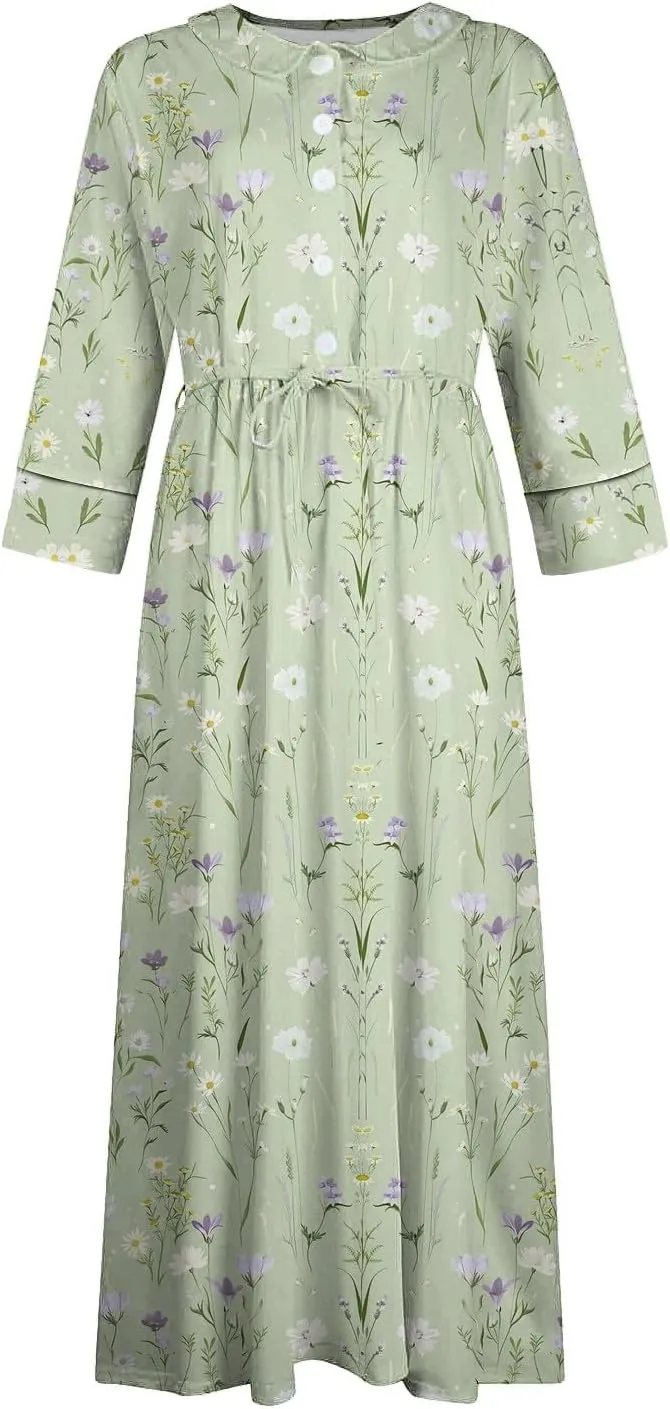 Plus Size 3/4 Sleeve Dress for Women Floral Print Dress Lapel Neck Elegant Midi Dress Trendy Casual Flowy Dress