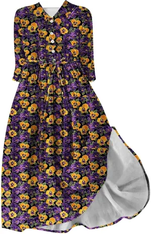 Plus Size 3/4 Sleeve Dress for Women Floral Print Dress Lapel Neck Elegant Midi Dress Trendy Casual Flowy Dress