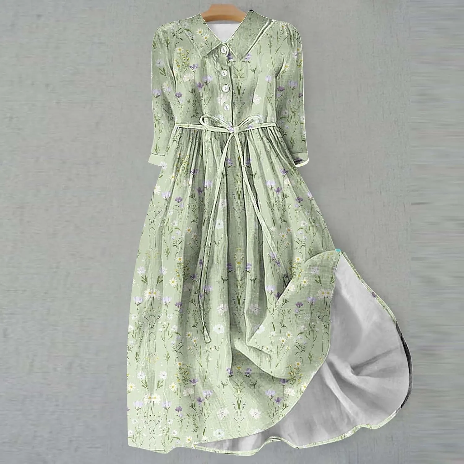 Plus Size 3/4 Sleeve Dress for Women Floral Print Dress Lapel Neck Elegant Midi Dress Trendy Casual Flowy Dress
