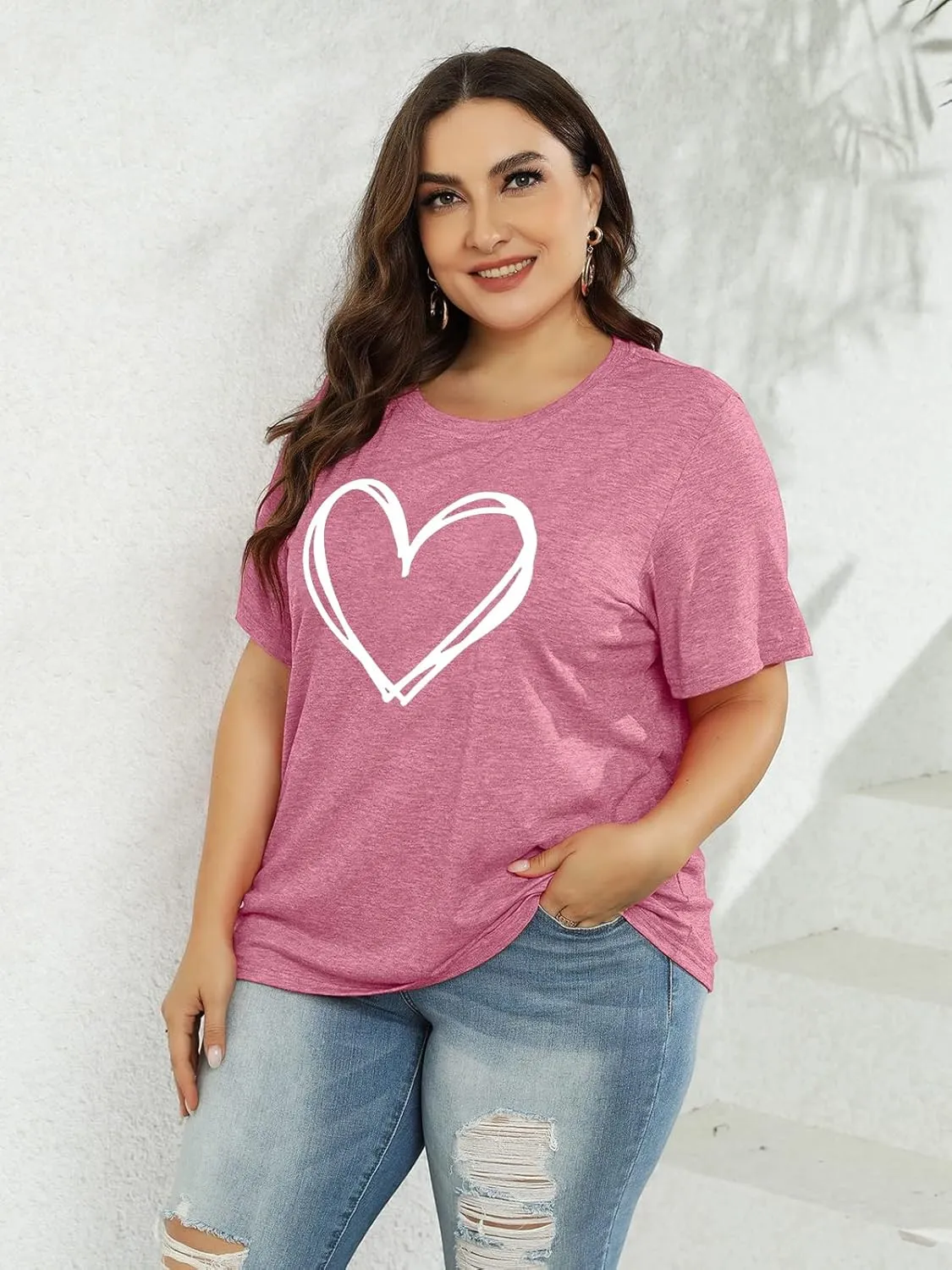 Plus Size Shirts Women Love Heart Print Short Sleeve Tops Casual Tees Blouse