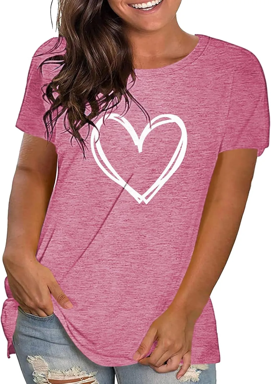 Plus Size Shirts Women Love Heart Print Short Sleeve Tops Casual Tees Blouse