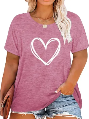 Plus Size Shirts Women Love Heart Print Short Sleeve Tops Casual Tees Blouse