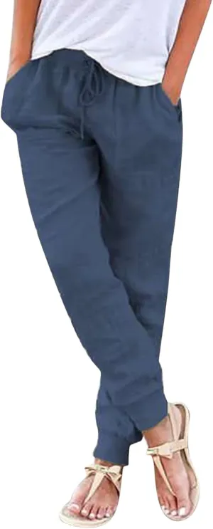 PTOLOCIF Beach Pants for Women,Drawstring Elastic Waist Pants Cotton Linen Tapered Pants Casual Travel Pants Trousers