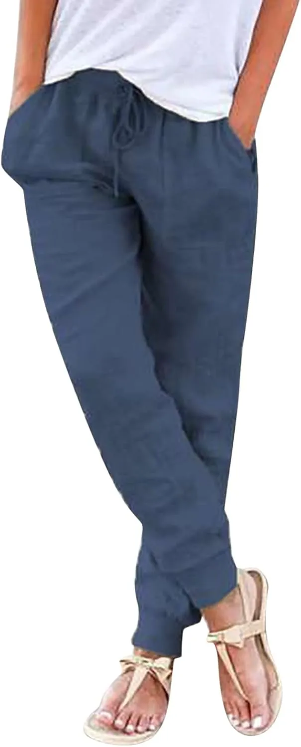 PTOLOCIF Beach Pants for Women,Drawstring Elastic Waist Pants Cotton Linen Tapered Pants Casual Travel Pants Trousers