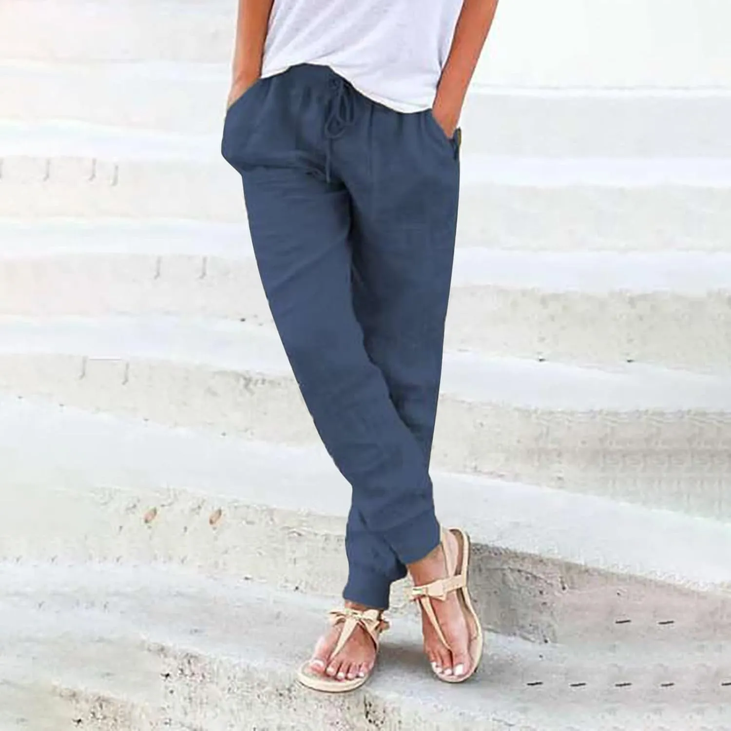 PTOLOCIF Beach Pants for Women,Drawstring Elastic Waist Pants Cotton Linen Tapered Pants Casual Travel Pants Trousers