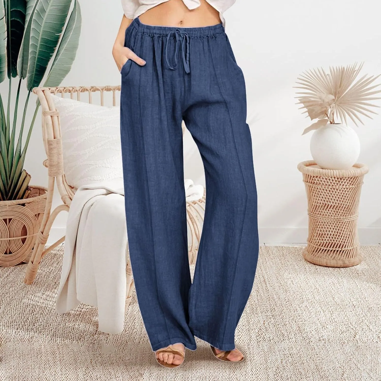 PTOLOCIF Cotton Linen Pants Women,Casual Fashion Boho Pants Plus Size Summer Pants Beach Vacation Palazzo Lounge Pants