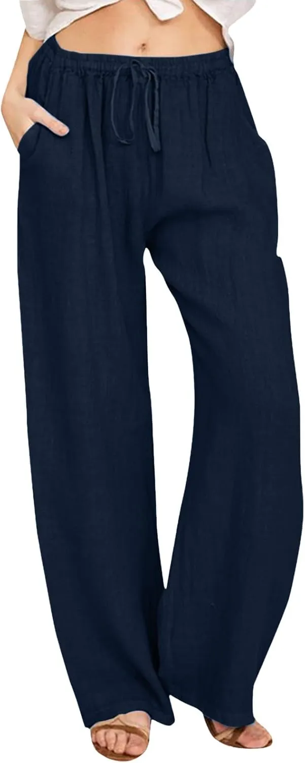 PTOLOCIF Cotton Linen Pants Women,Casual Linen High Waist Pants Wide Leg Palazzo Pants Drawstring Loose Fit Summer Pants