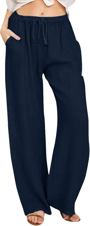PTOLOCIF Cotton Linen Pants Women,Casual Linen High Waist Pants Wide Leg Palazzo Pants Drawstring Loose Fit Summer Pants