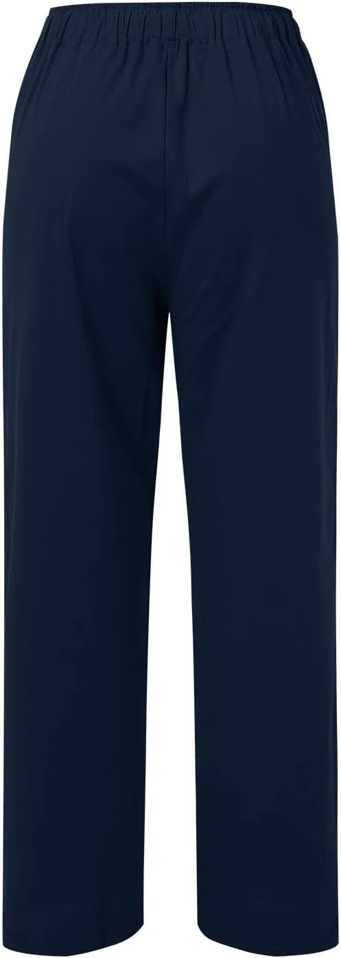 PTOLOCIF Cotton Linen Pants Women,Casual Linen High Waist Pants Wide Leg Palazzo Pants Drawstring Loose Fit Summer Pants