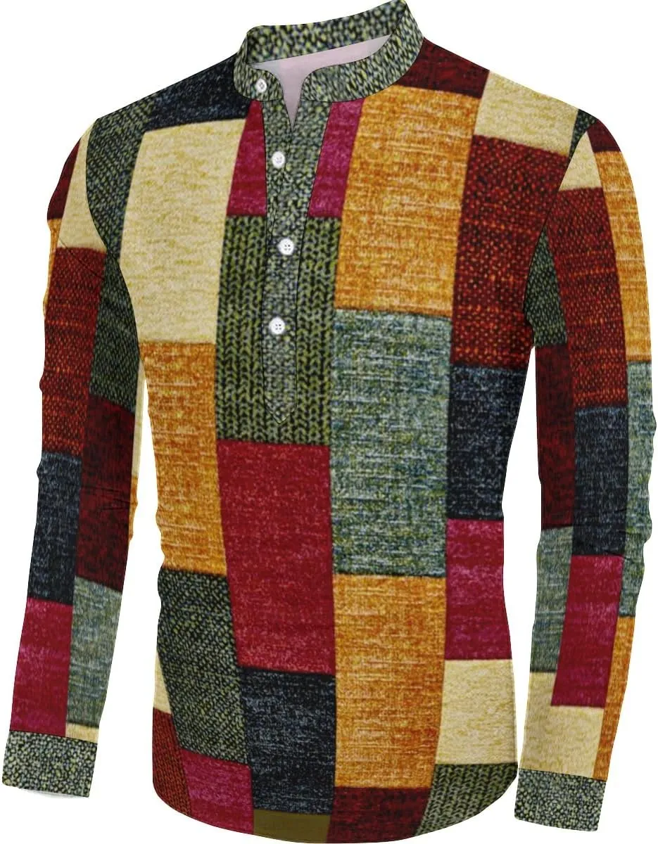 QIVICIMA Men's Casual Cotton Linen Henley Shirt Long Sleeve Plaid Check Hawaiian Floral Beach T Shirts