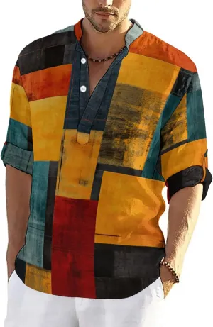 QIVICIMA Men's Casual Cotton Linen Henley Shirt Long Sleeve Plaid Check Hawaiian Floral Beach T Shirts