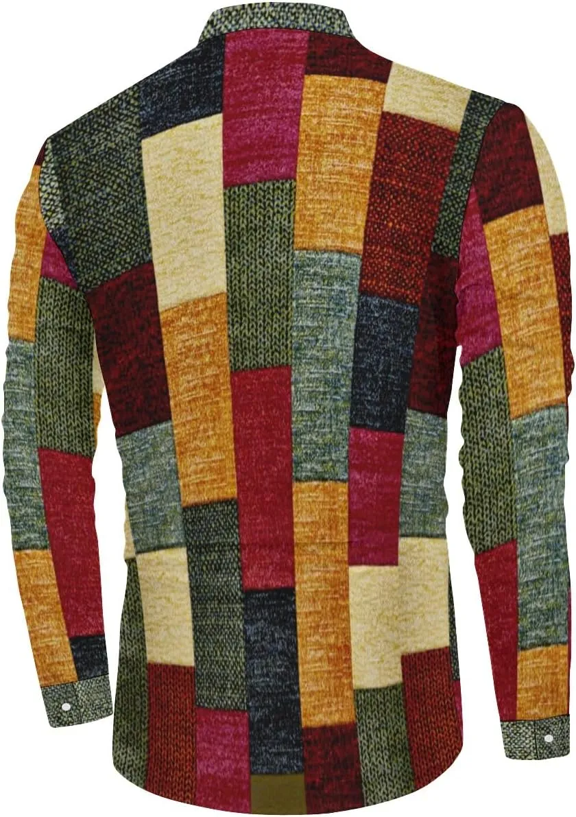 QIVICIMA Men's Casual Cotton Linen Henley Shirt Long Sleeve Plaid Check Hawaiian Floral Beach T Shirts