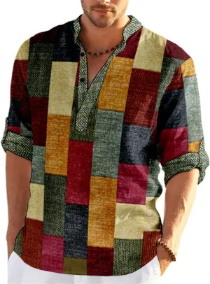 QIVICIMA Men's Casual Cotton Linen Henley Shirt Long Sleeve Plaid Check Hawaiian Floral Beach T Shirts