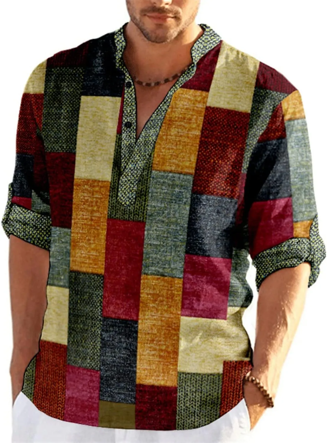 QIVICIMA Men's Casual Cotton Linen Henley Shirt Long Sleeve Plaid Check Hawaiian Floral Beach T Shirts