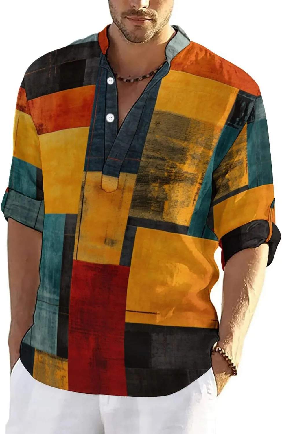 QIVICIMA Men's Casual Cotton Linen Henley Shirt Long Sleeve Plaid Check Hawaiian Floral Beach T Shirts