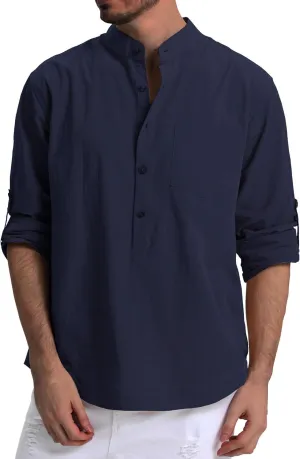 RPOVIG Men's Linen Shirts Long Sleeve Button Down Beach Shirt Henley Casual T Shirt Summer Clothes Soft Lightweight
