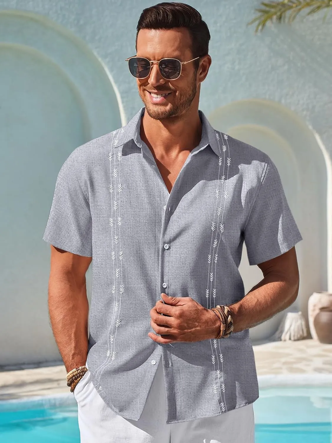 Runcati Mens Short Sleeve Guayabera Shirts Button Down Cuban Casual Mexican Shirts Summer Beach Wedding Linen Tops