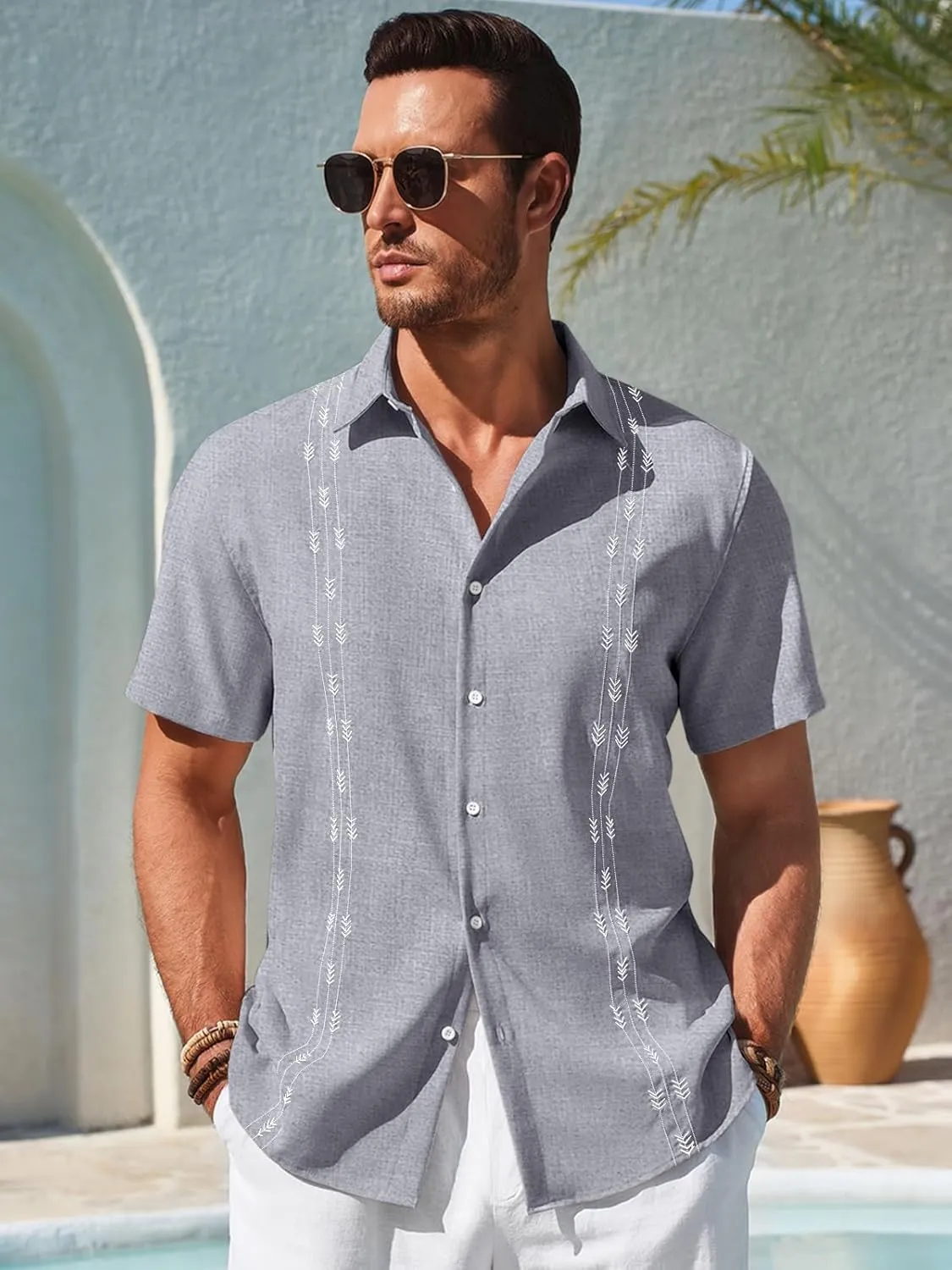 Runcati Mens Short Sleeve Guayabera Shirts Button Down Cuban Casual Mexican Shirts Summer Beach Wedding Linen Tops