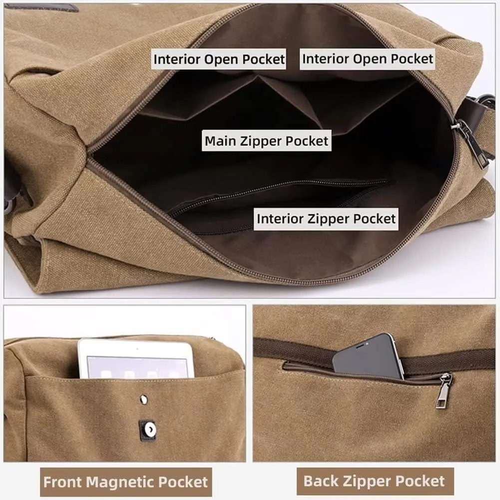 Shoulder Bag for Men Canvas Vintage Messenger Bag Large Multi-pocket Crossbody Bag Daily Satchel Fits 14 Inch Laptop