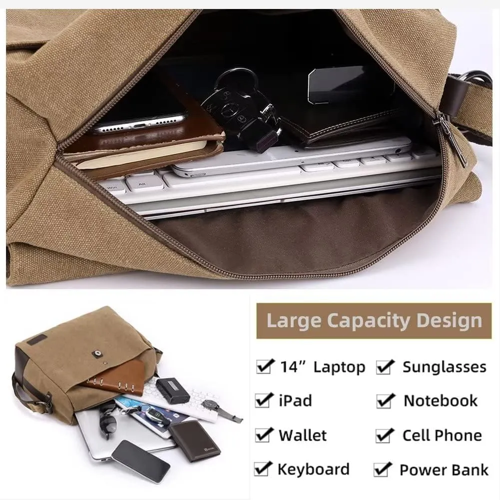 Shoulder Bag for Men Canvas Vintage Messenger Bag Large Multi-pocket Crossbody Bag Daily Satchel Fits 14 Inch Laptop