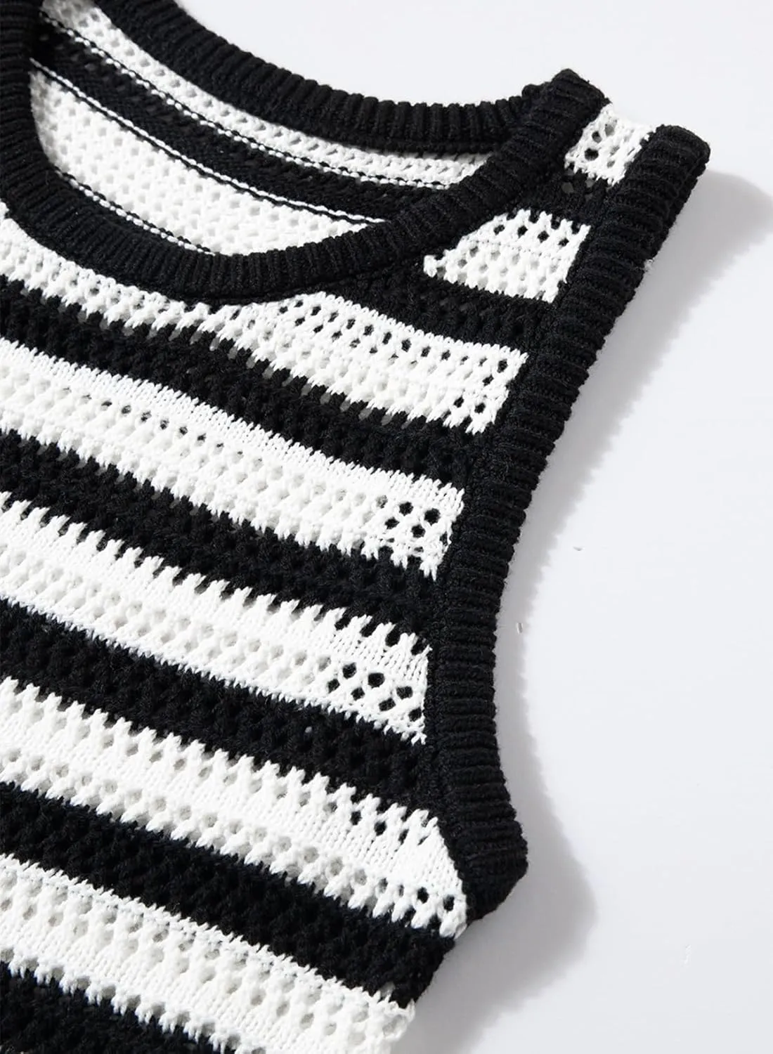 Sidefeel Womens 2024 Summer Sexy Hollow Out Crochet Dresses Casual Striped Crewneck Sleeveless Sundress Bodycon Mini Dress
