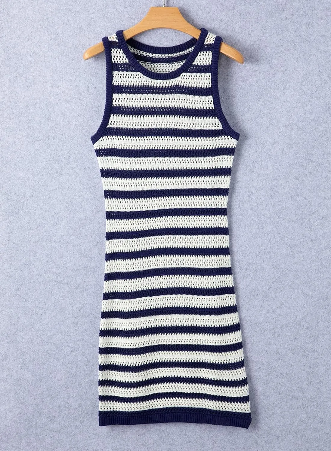 Sidefeel Womens 2024 Summer Sexy Hollow Out Crochet Dresses Casual Striped Crewneck Sleeveless Sundress Bodycon Mini Dress