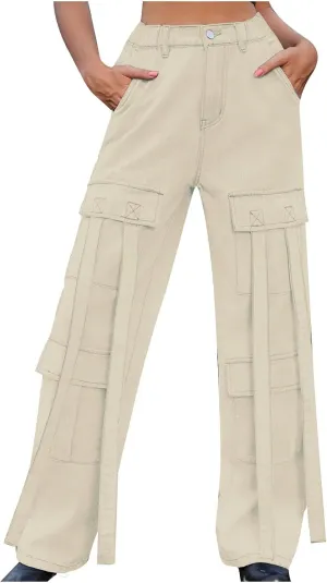 SMIDOW Women's High Waist Straight Leg Jeans Cargo Pants Casual Wide Legged Denim Pants y2k Streetwear Trousers