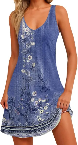 Summer Dresses for Women 2024,Deals Lightning of Today Prime Petite Trendy Vacation Sundresses Casual Beach Dress Elegant Floral Boho Printed Mini Dresses Sleeveless Tank Dress Cruise(Ba-Blue,XL)